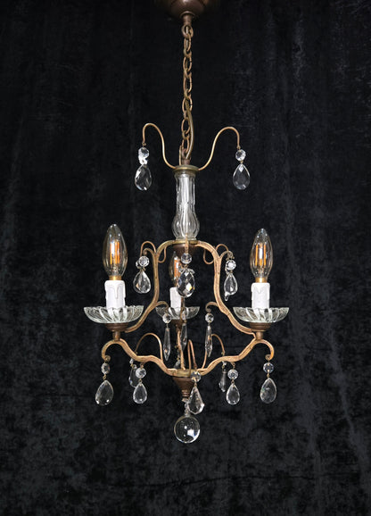 Lovely Petite Antique French 3 Arm Cage Brass Crystal Chandelier Ceiling Light