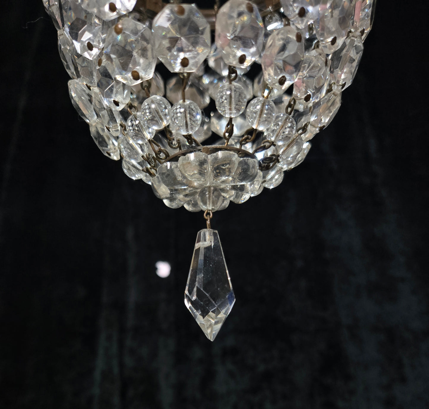 Beautiful Antique French Crystal Bag Brass Leaf Chandelier Ceiling Light