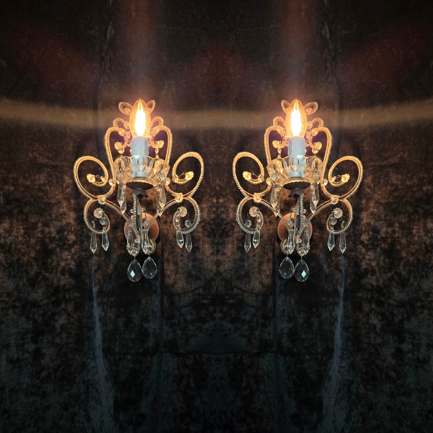 Elegant Pair Vintage Italian Venetian Style Crystal Glass and Iron Wall Lights