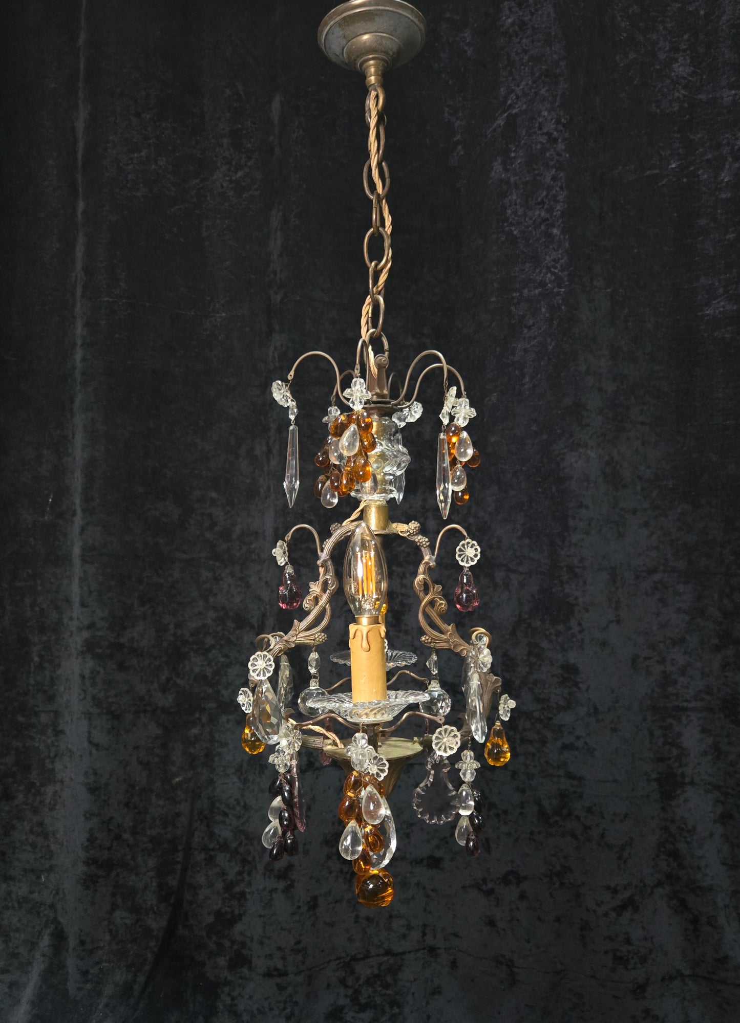 Fabulous Antique French 2 Arm Caged Murano Crystal Brass Chandelier Light