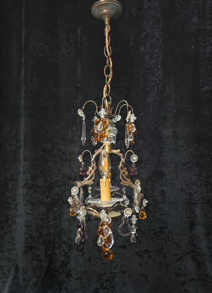 Fabulous Antique French 2 Arm Caged Murano Crystal Brass Chandelier Light