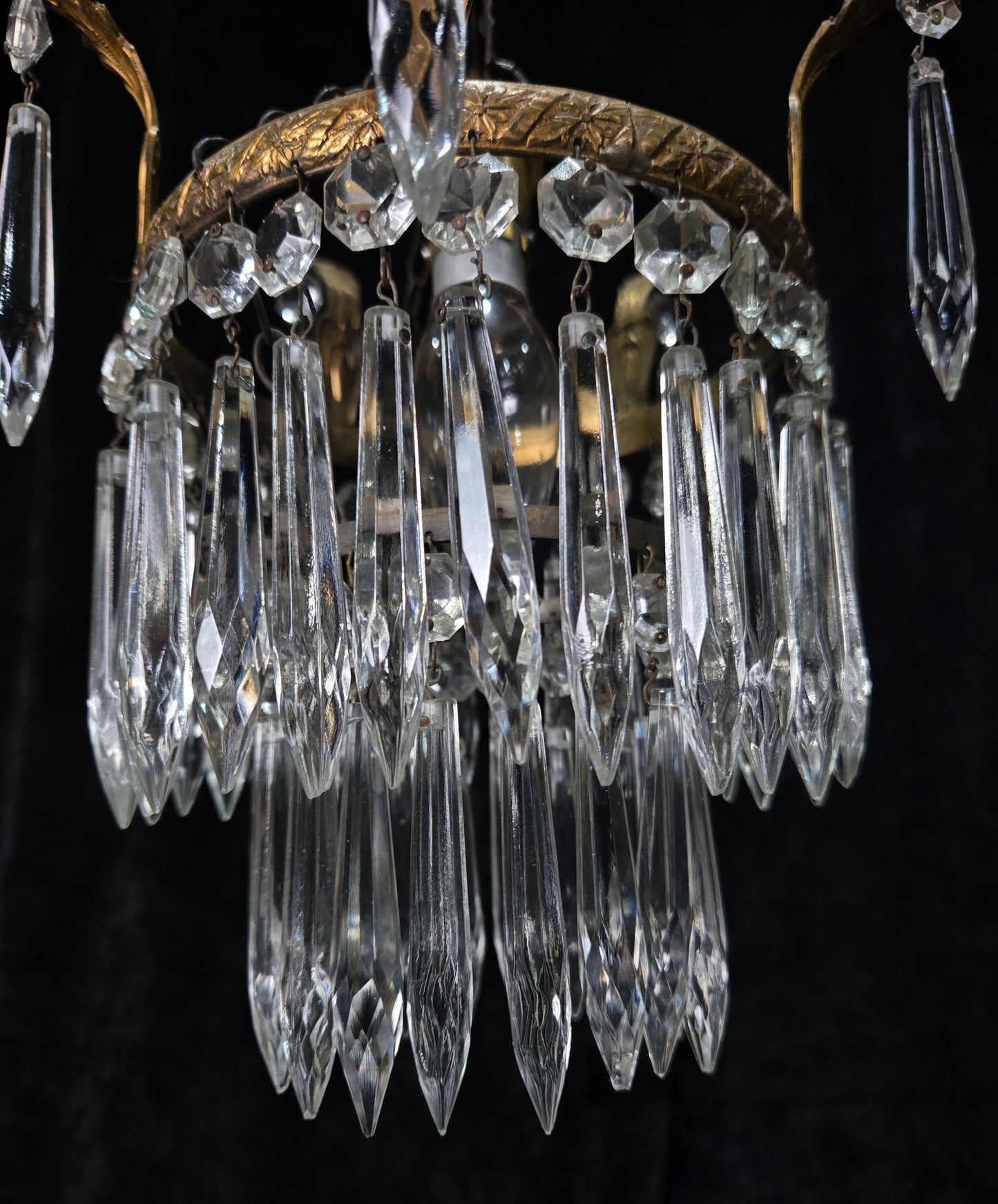 Beautiful Antique French Crystal Waterfall Brass Leaf Chandelier Ceiling Light