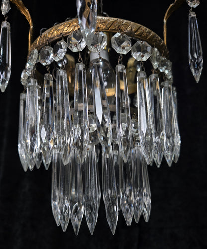 Beautiful Antique French Crystal Waterfall Brass Leaf Chandelier Ceiling Light
