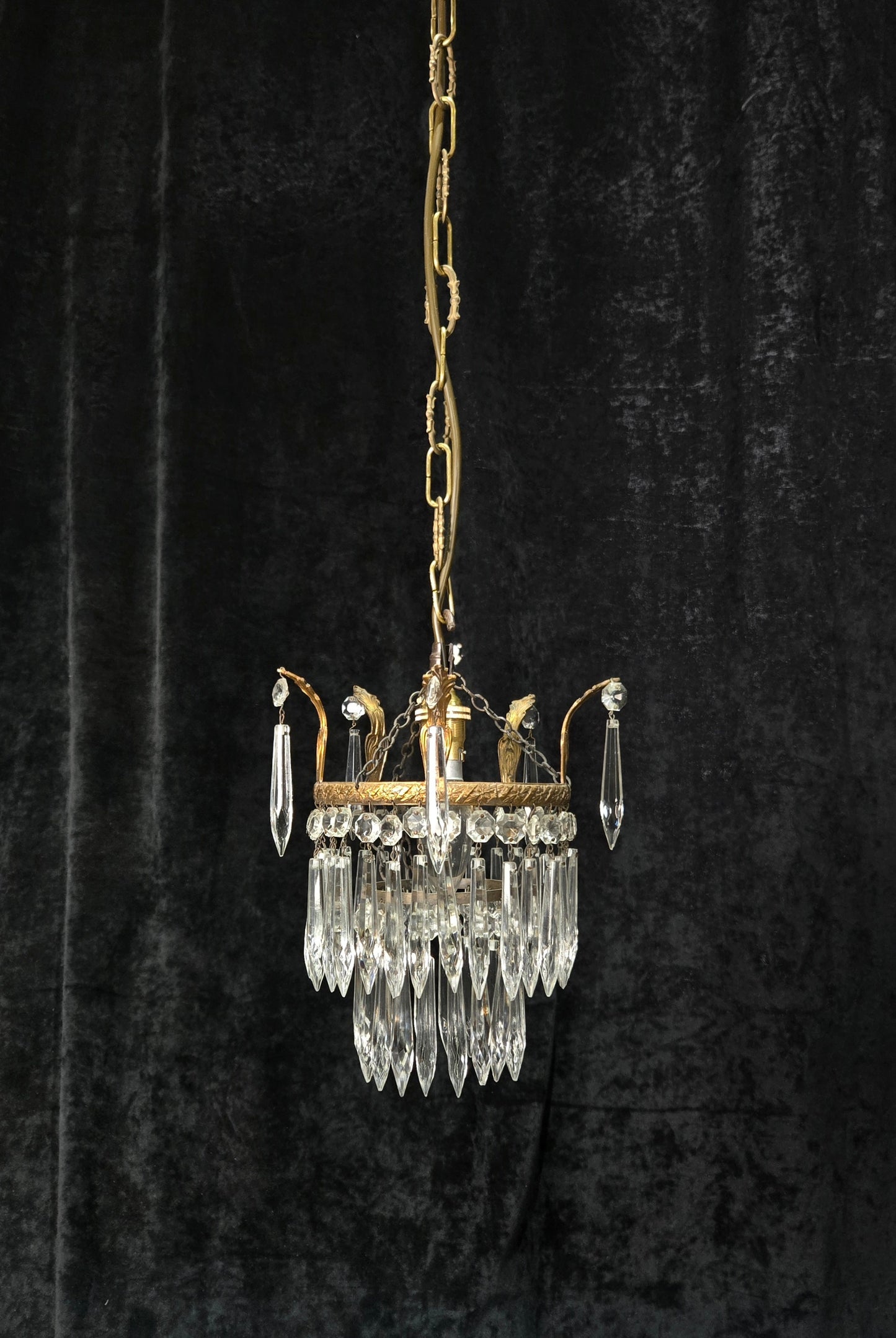 Beautiful Antique French Crystal Waterfall Brass Leaf Chandelier Ceiling Light