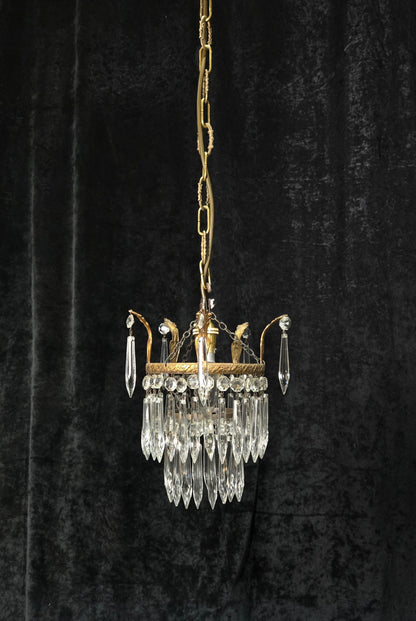 Beautiful Antique French Crystal Waterfall Brass Leaf Chandelier Ceiling Light