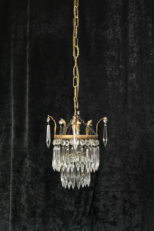 Beautiful Antique French Crystal Waterfall Brass Leaf Chandelier Ceiling Light