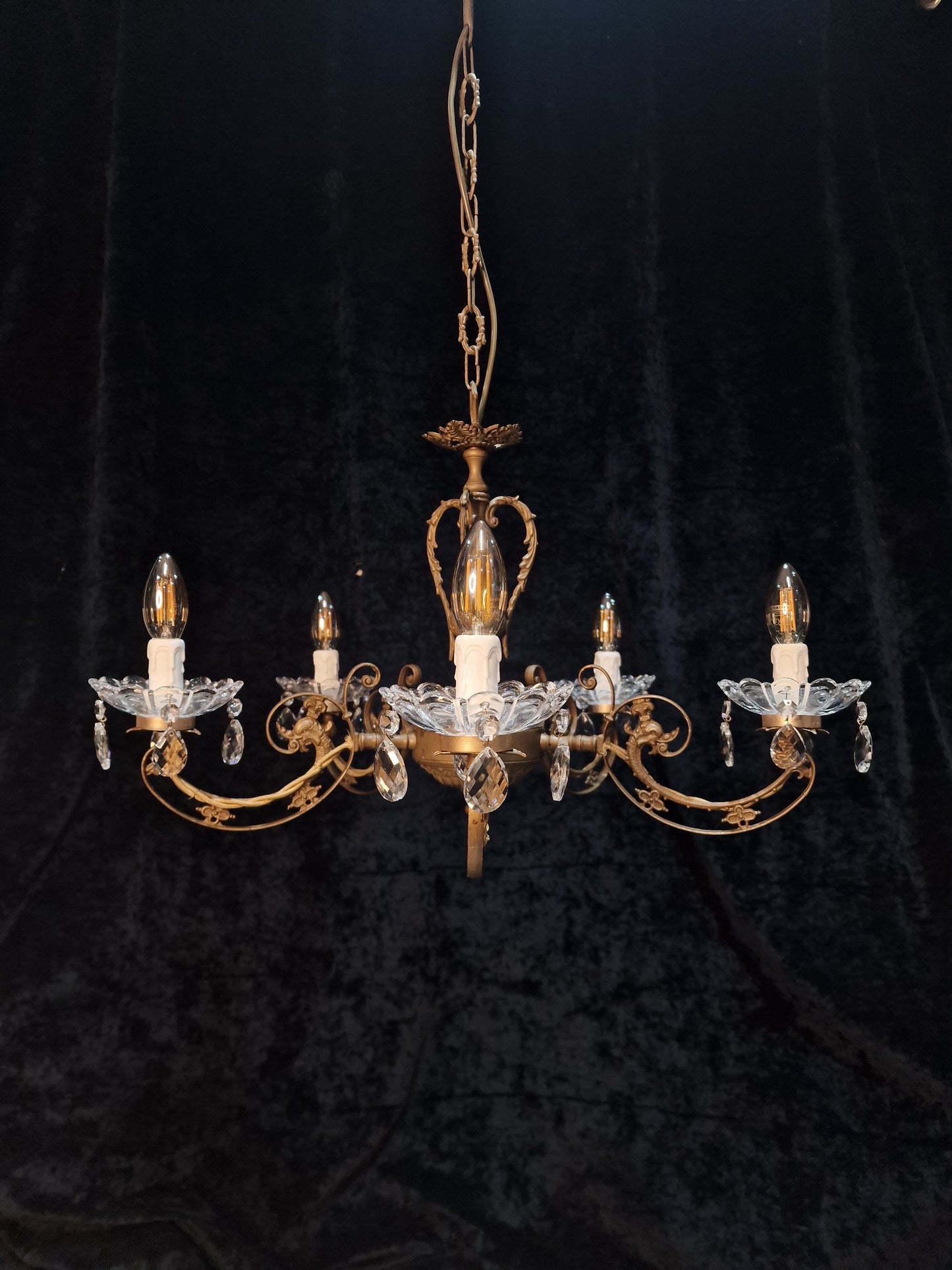 Beautiful 5 Arm Vintage Italian Brass and Crystal Dolphin Chandelier Light