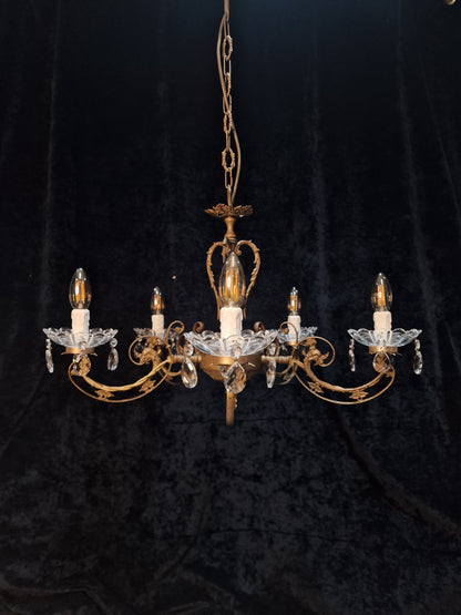 Beautiful 5 Arm Vintage Italian Brass and Crystal Dolphin Chandelier Light