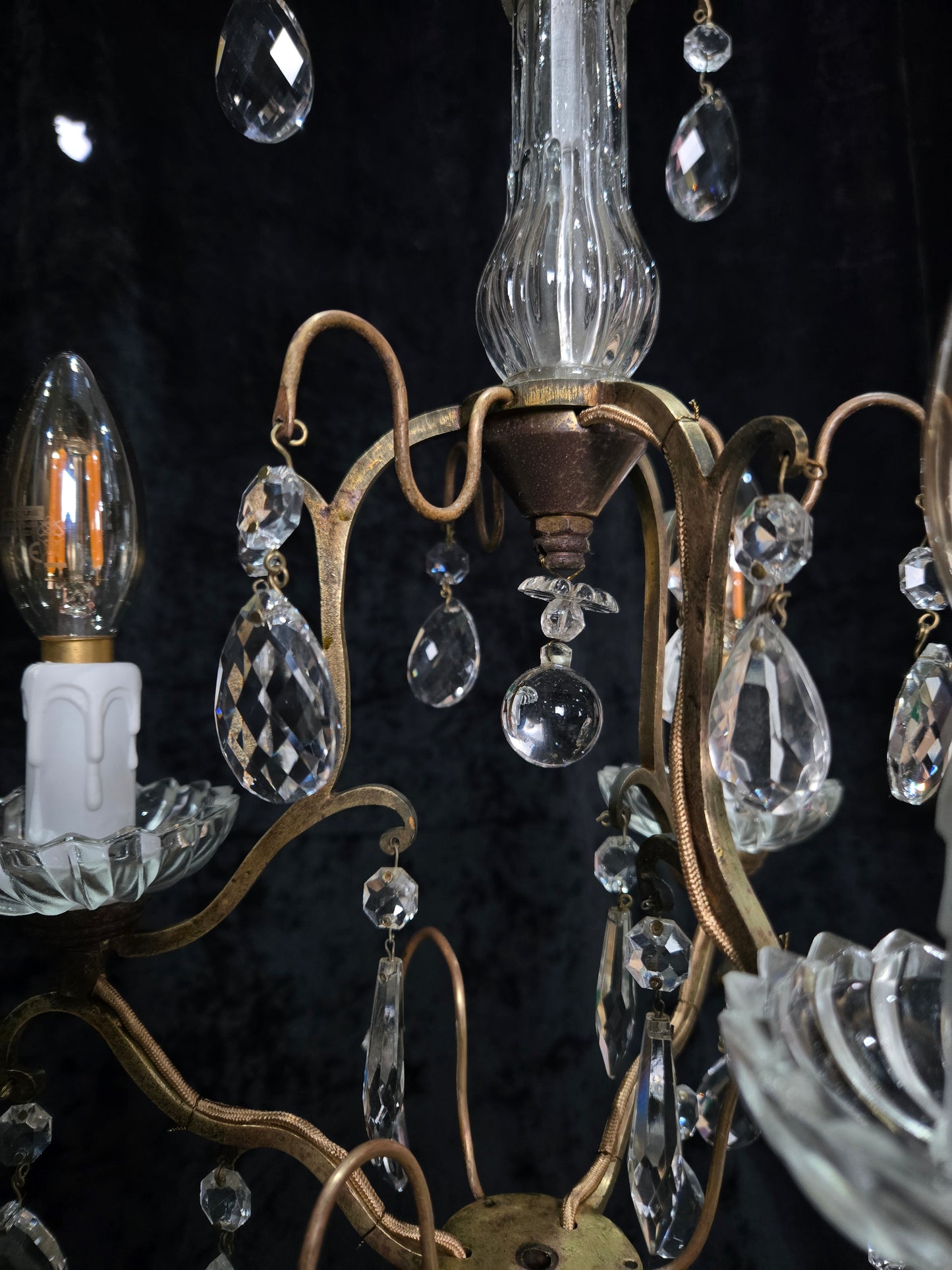Lovely Petite Antique French 3 Arm Cage Brass Crystal Chandelier Ceiling Light