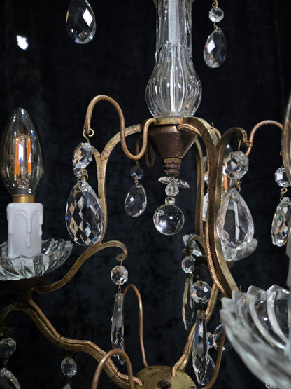 Lovely Petite Antique French 3 Arm Cage Brass Crystal Chandelier Ceiling Light