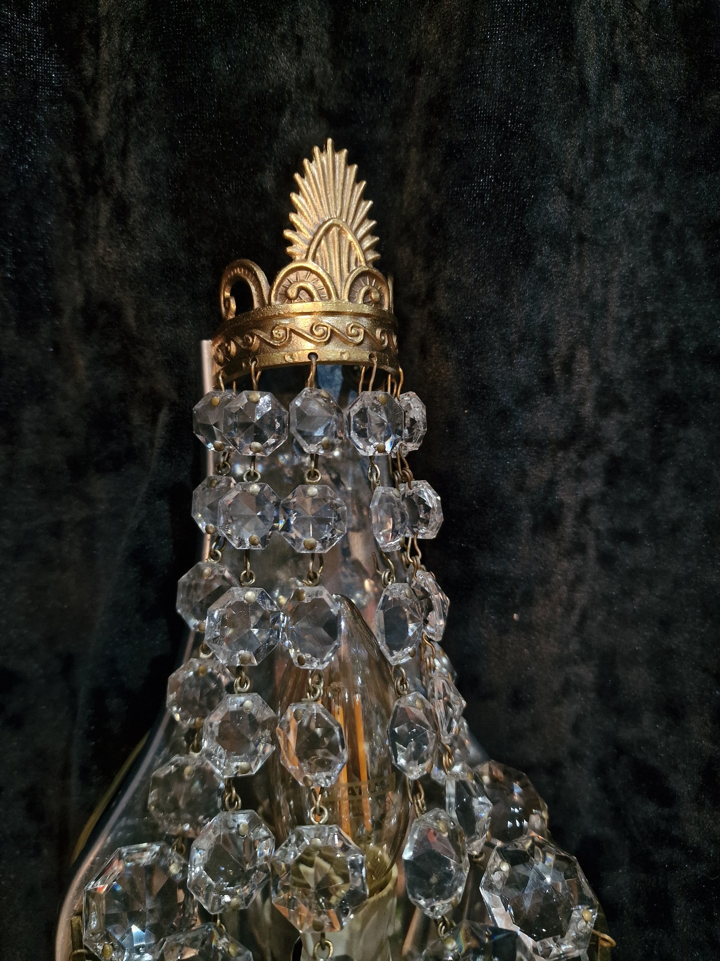 Gorgeous Pair of Vintage French Brass Crystal Montgolfiere Sconces Wall Lights