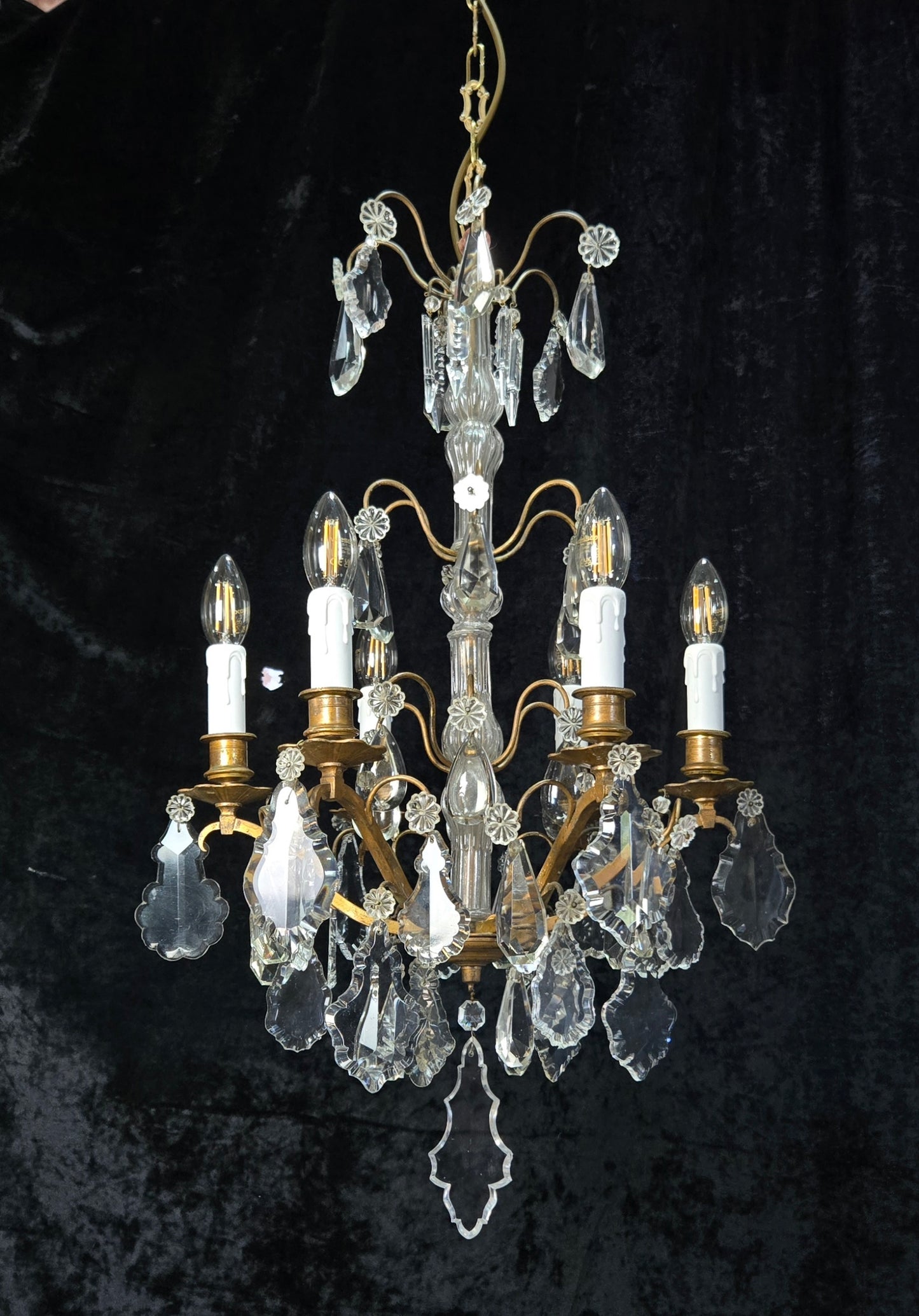 Traditional Tall Antique French 6 Arm Brass Crystal 3 Tier Chandelier Light