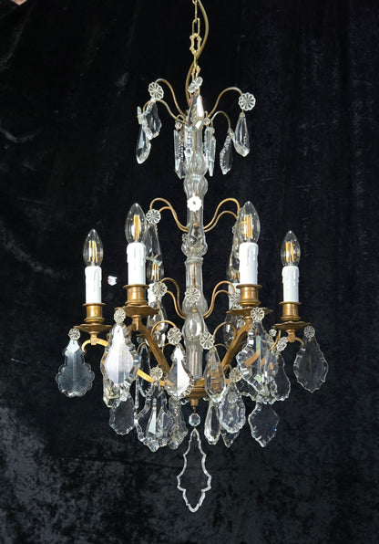 Traditional Tall Antique French 6 Arm Brass Crystal 3 Tier Chandelier Light