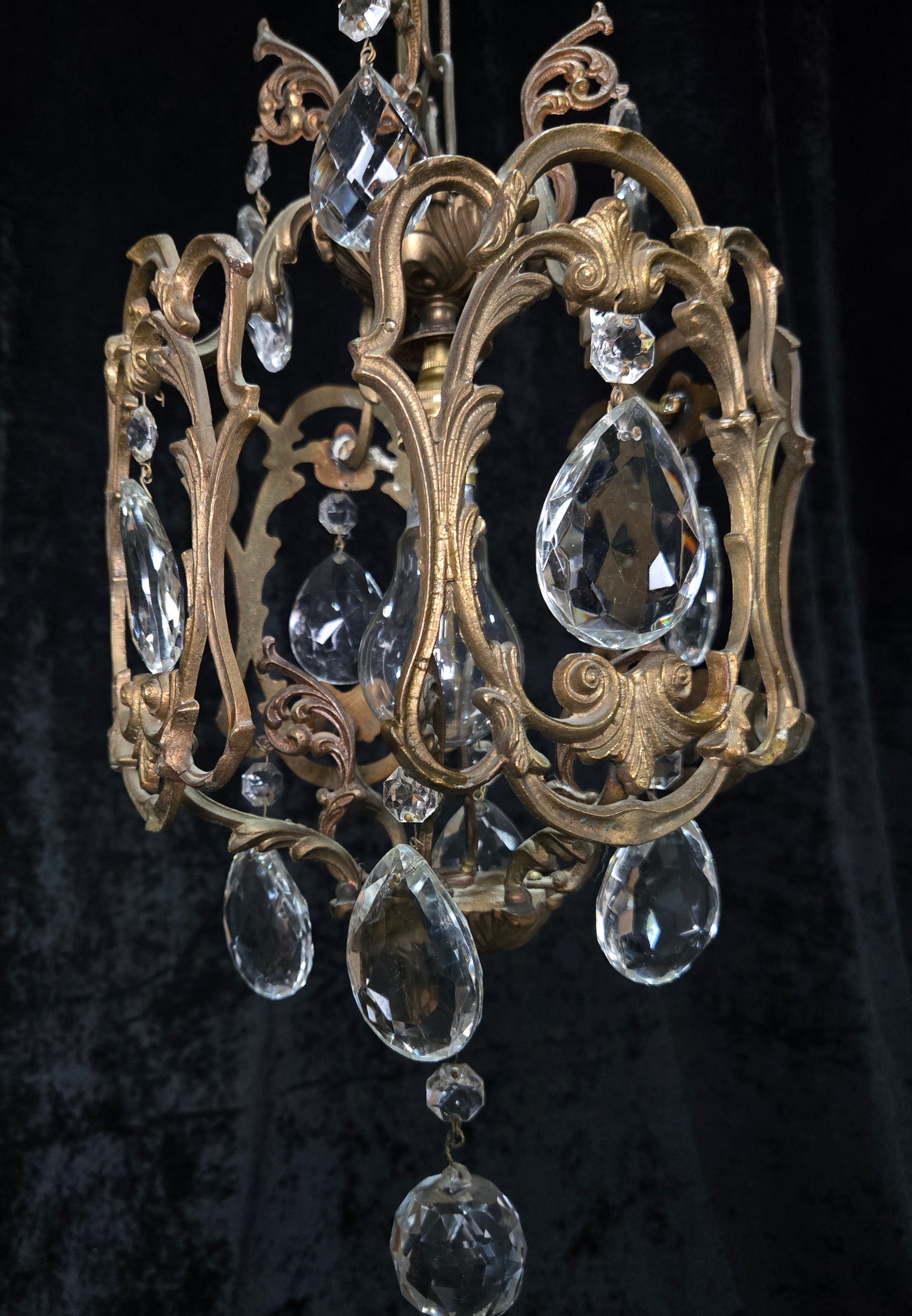 Beautiful Antique French 1 Light Brass Crystal Cage Chandelier Ceiling Light