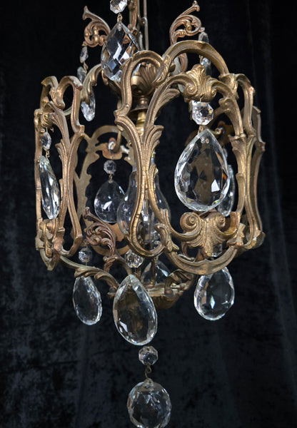 Beautiful Antique French 1 Light Brass Crystal Cage Chandelier Ceiling Light