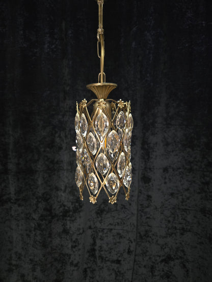 Unique Vintage Italian 1 Light Brass Small Cylinder Crystal Caged Chandelier