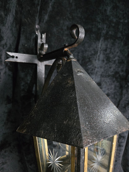Traditional Antique Wrought Iron Starburst Cut Glass Outdoor Wall Lantern Light