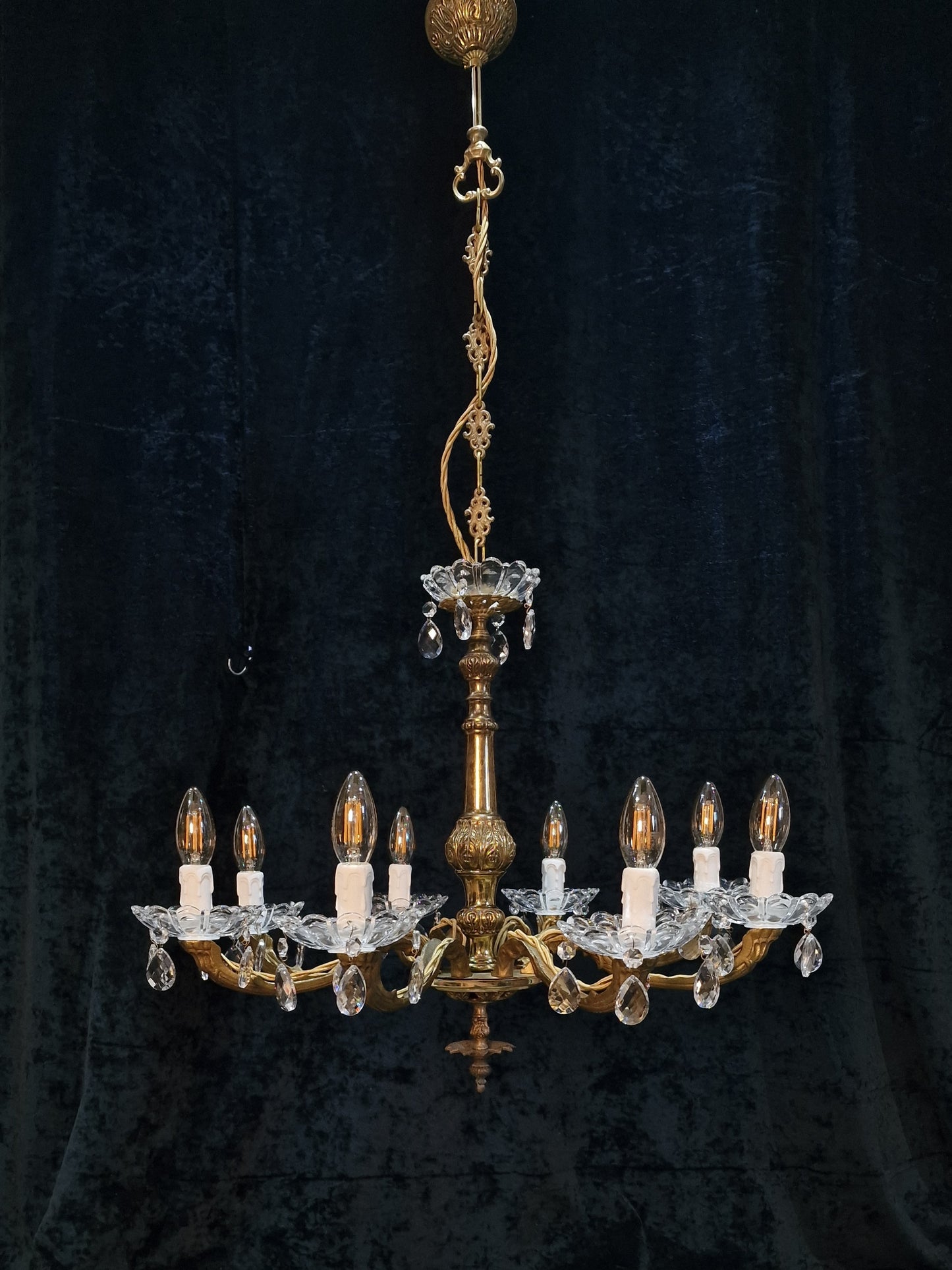 Gorgeous Vintage French Heavy Brass 8 Arm Crystal Chandelier Ceiling Light