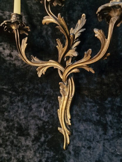 Gorgeous Pair Large 3 Arm Antique French Solid Brass Candle Wall Lights Sconces