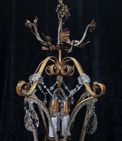 Fabulous Vintage Italian 3 Arm Caged Florentine Flower Crystal Chandelier Light