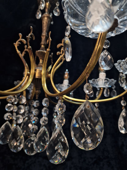 Lovely Vintage Italian 8 Arm 2 Tone Brass Leaf Crystal Chandelier Ceiling Light