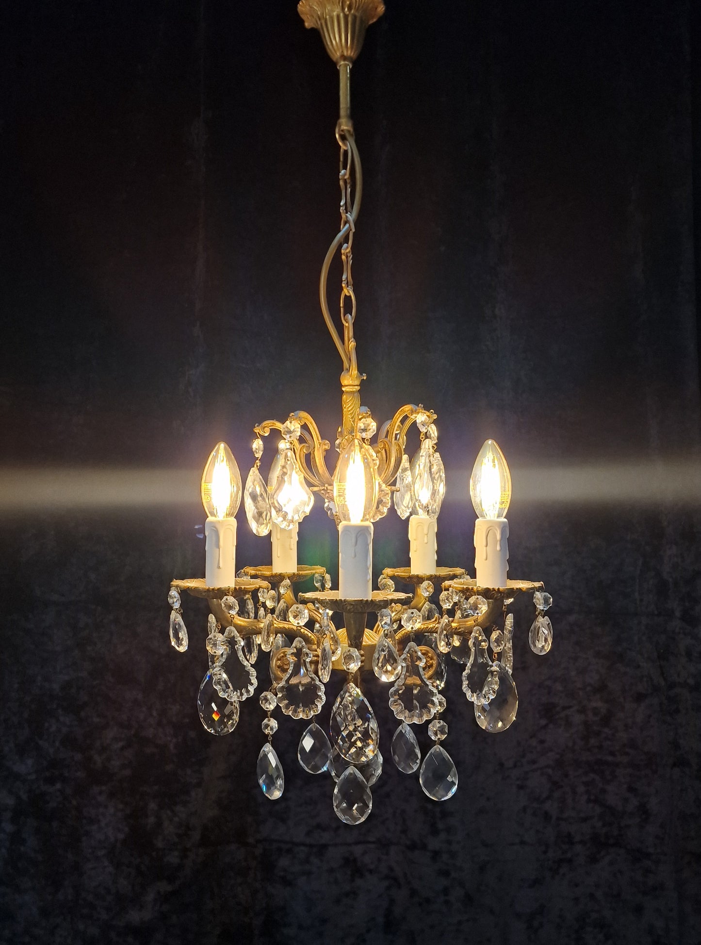 Beautiful Antique French 5 Arm Brass and Crystal Chandelier Ceiling Light