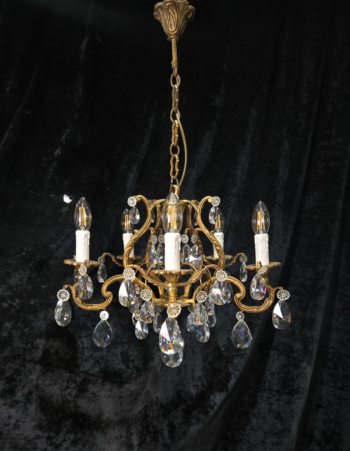 Traditional Antique French 5 Arm Heavy Bronze Cage Crystal Chandelier Light