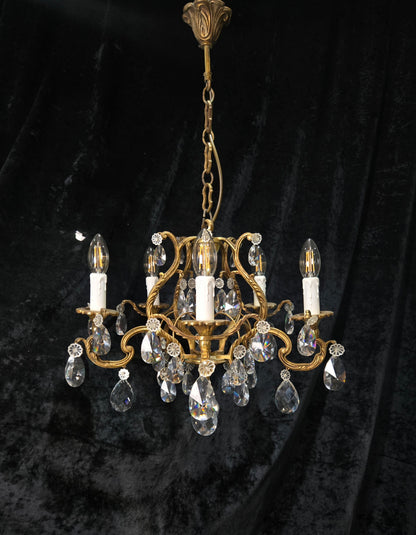 Traditional Antique French 5 Arm Heavy Bronze Cage Crystal Chandelier Light