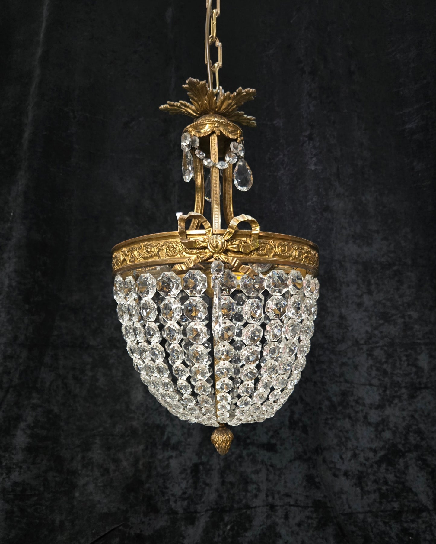 Traditional Antique French 3 Light Brass Bronze Crystal Empire Chandelier