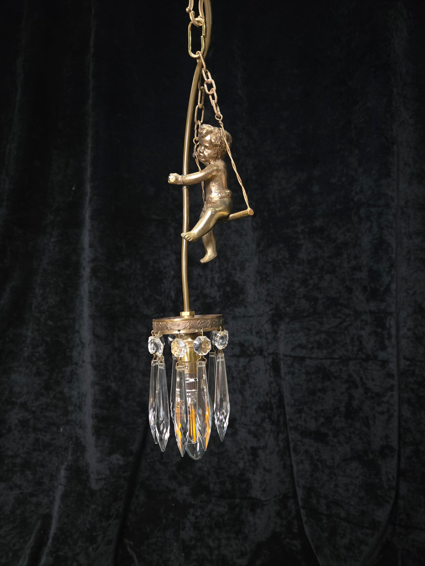 Beautiful Petite Vintage French Brass Cherub Crystal Chandelier Ceiling Light