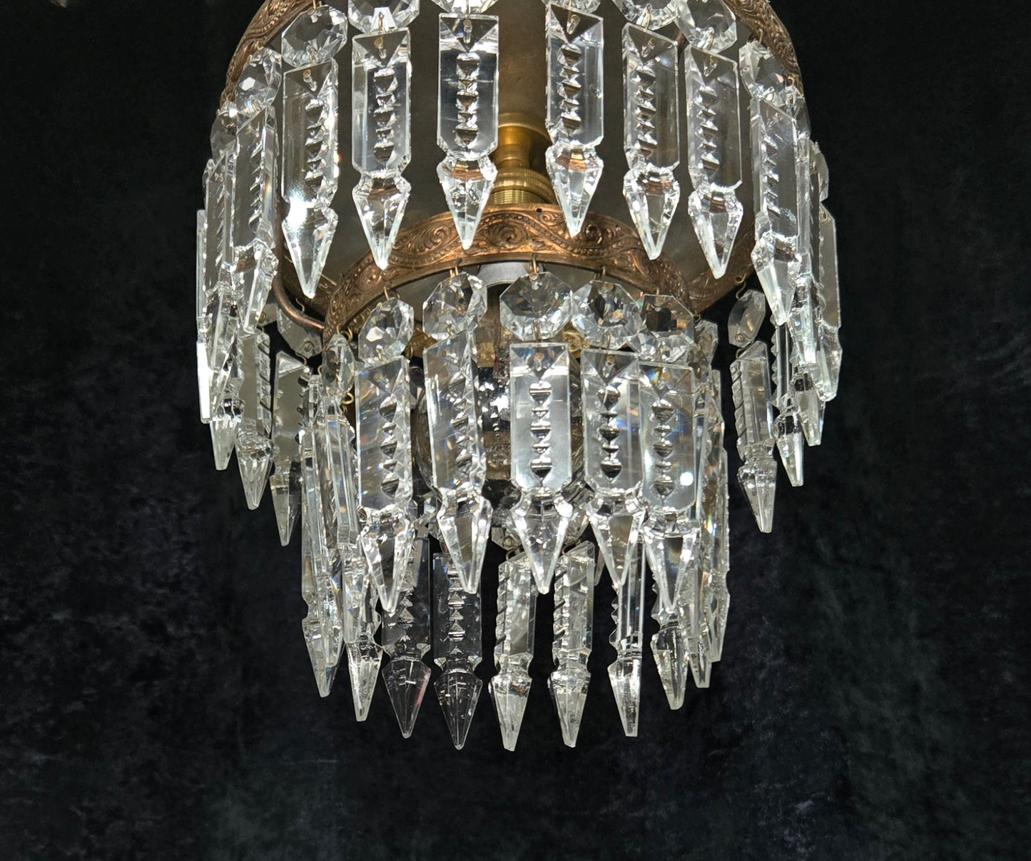 Beautiful Vintage French 2 Tier Waterfall Crystal Brass 1 Light Flush Chandelier