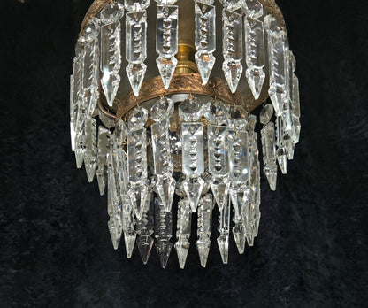 Beautiful Vintage French 2 Tier Waterfall Crystal Brass 1 Light Flush Chandelier