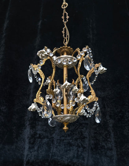 Lovely Vintage Spanish 3 Light Crystal and Brass Ceramic Roses Cage Chandelier
