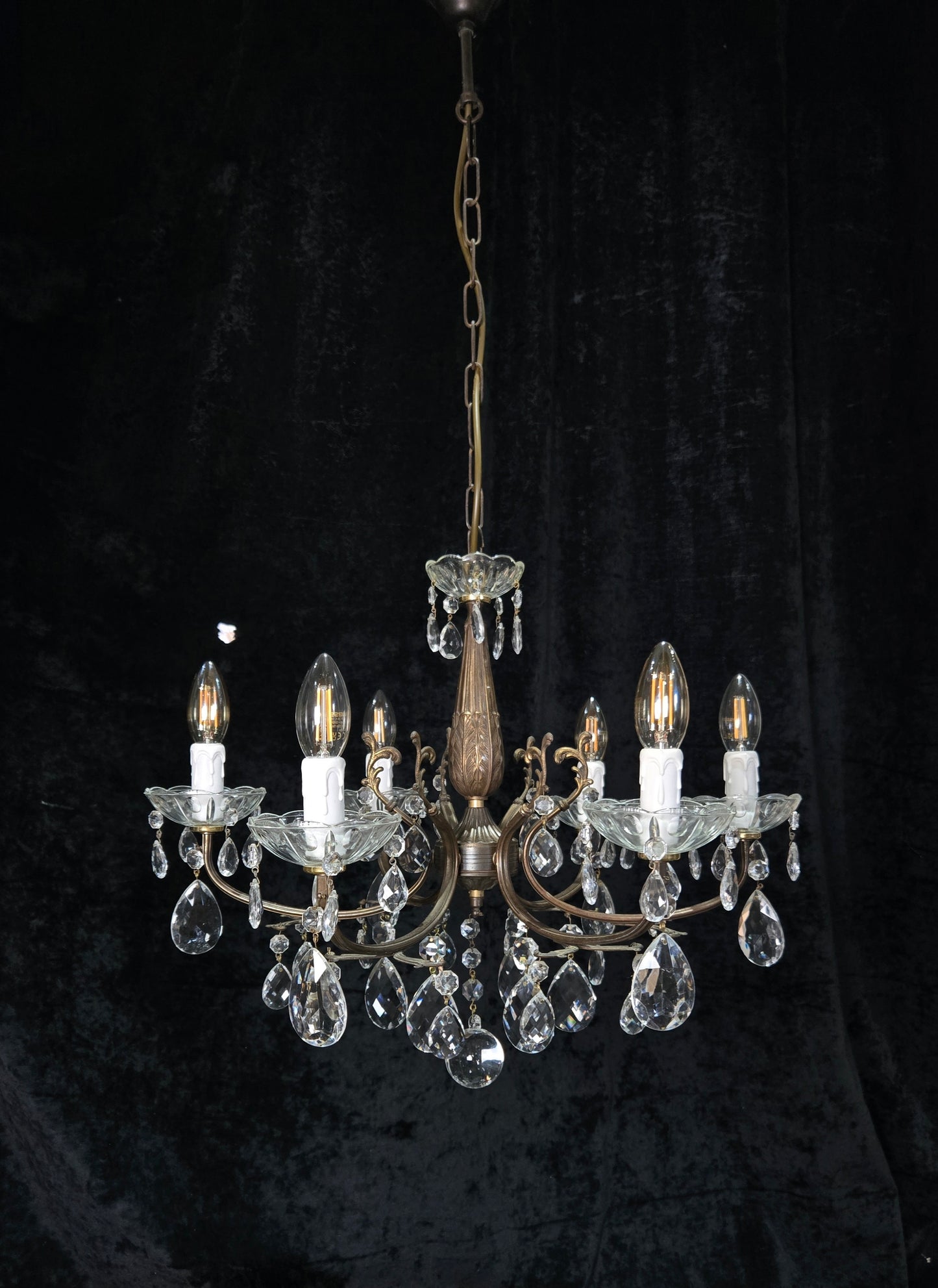 Beautiful Vintage Italian 6 Arm Brass Glass Crystal Chandelier Ceiling Light