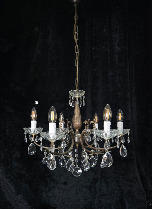 Beautiful Vintage Italian 6 Arm Brass Glass Crystal Chandelier Ceiling Light