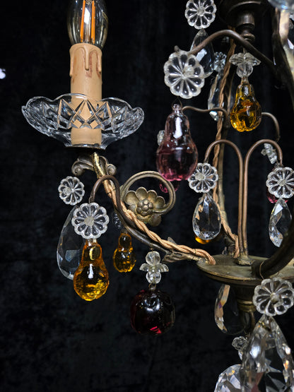 Exquisite Antique French 2 Arm Caged Murano Crystal Brass Chandelier Light