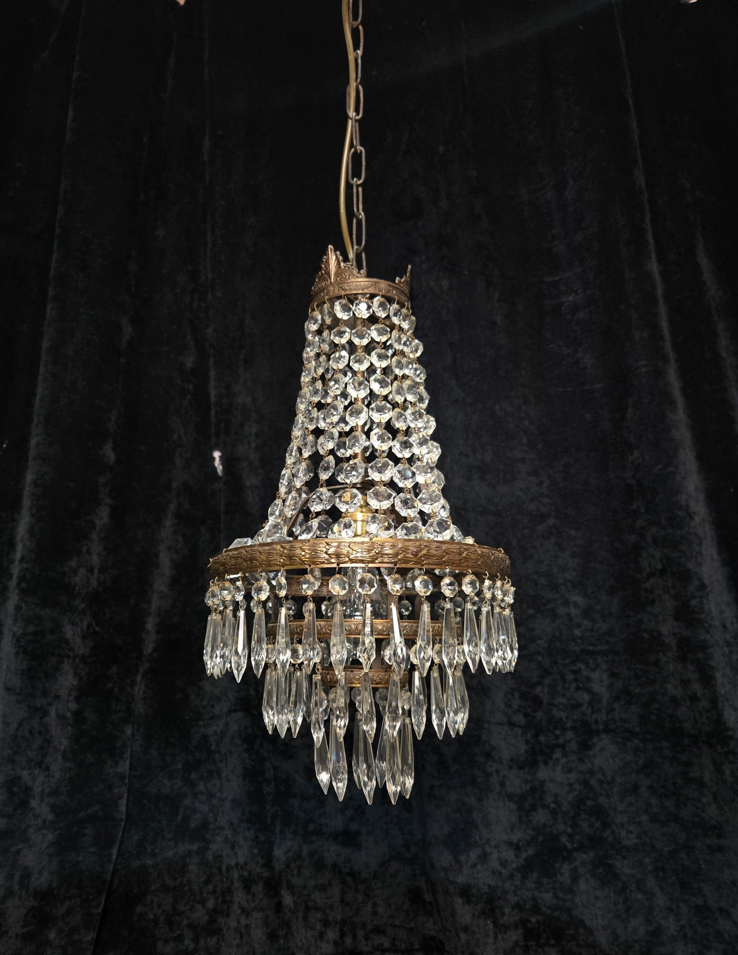Beautiful Antique French 3 Tier Waterfall Montgolfiere Crystal Brass Chandelier