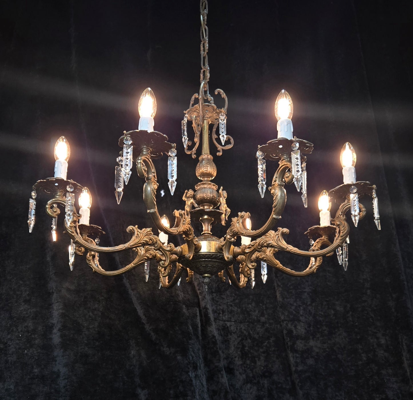 Fabulous Vintage Italian 8 Arm Large Brass Crystal Cherub Chandelier Light