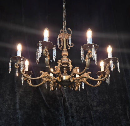 Fabulous Vintage Italian 8 Arm Large Brass Crystal Cherub Chandelier Light