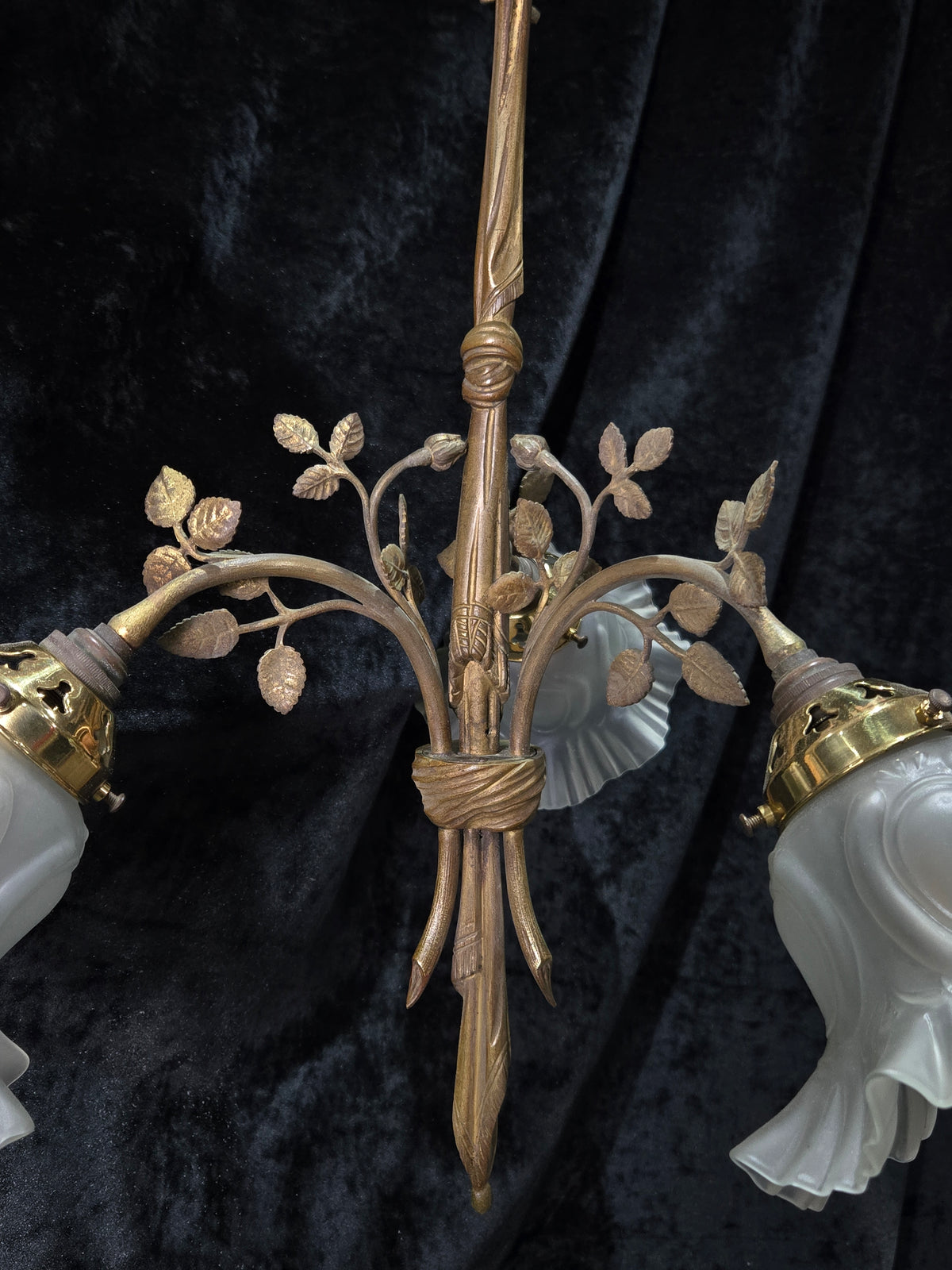 Gorgeous Antique French Brass 3 Arm Floral Chandelier Ceiling Light with Shades