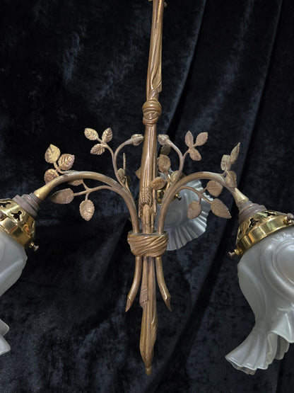 Gorgeous Antique French Brass 3 Arm Floral Chandelier Ceiling Light with Shades