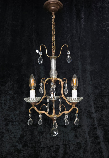 Lovely Petite Antique French 3 Arm Cage Brass Crystal Chandelier Ceiling Light