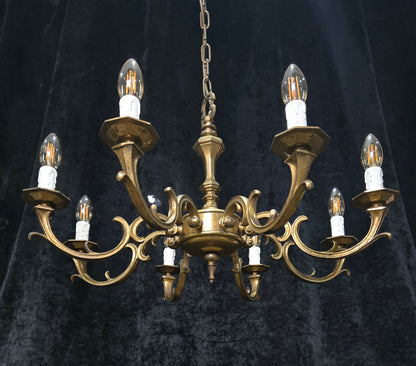 Traditional Heavy Vintage Dutch 8 Arm Brass Gothic Style Chandelier Light