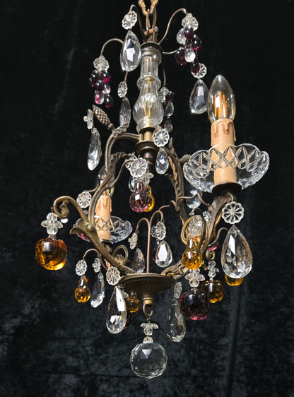Exquisite Antique French 2 Arm Caged Murano Crystal Brass Chandelier Light