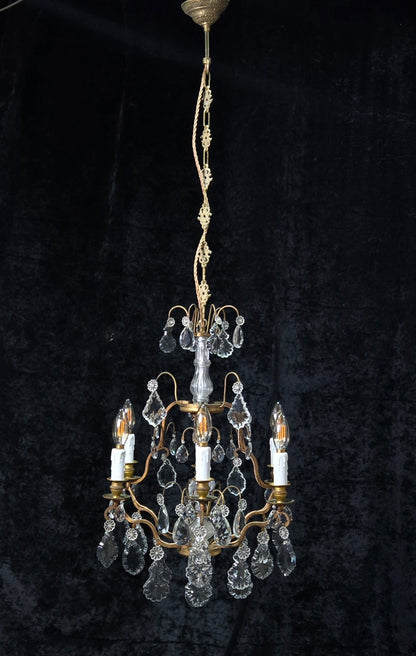 Stunning Antique French 6 Arm Cage Bronze Crystal Chandelier Ceiling Light