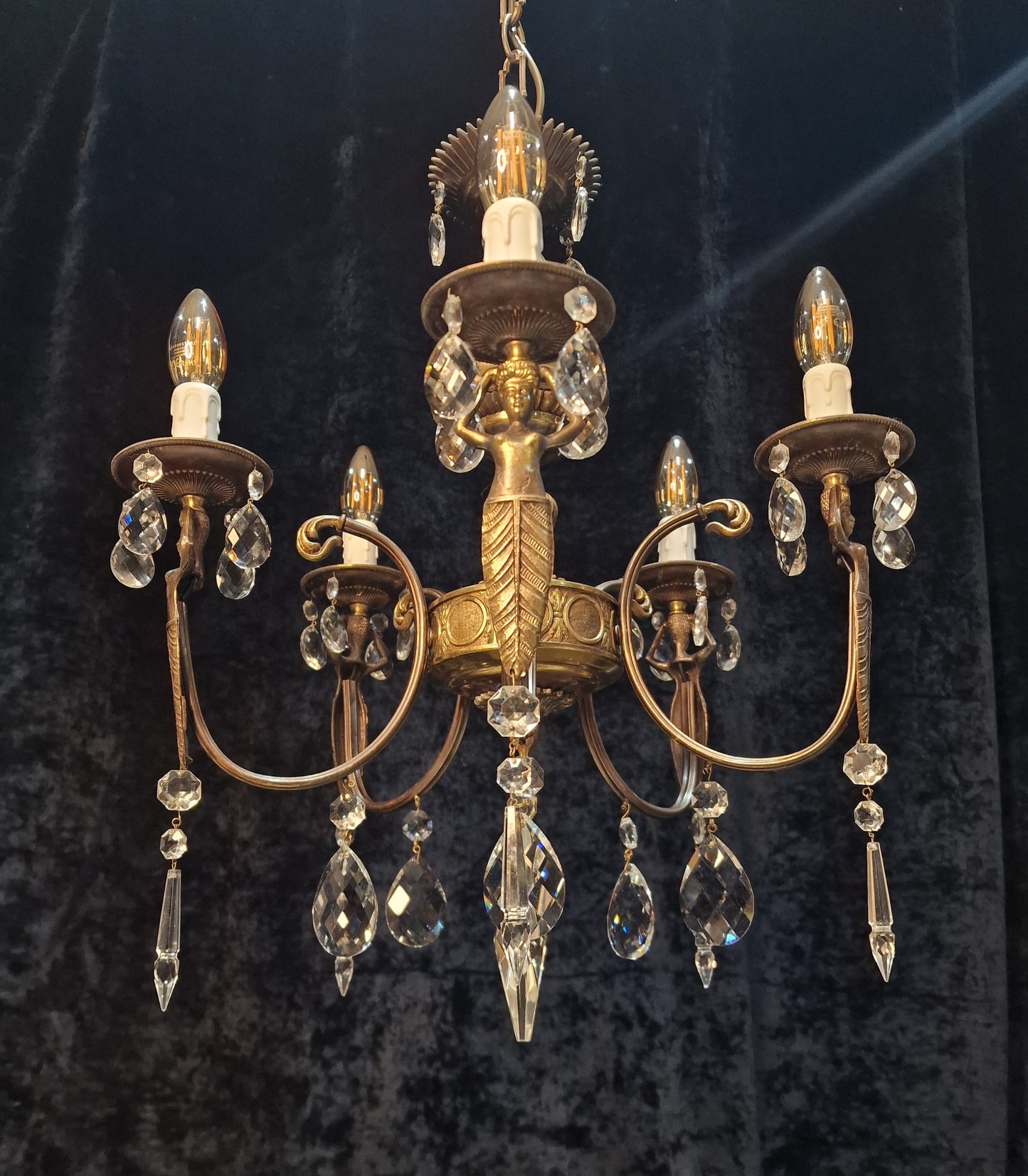 Unique Elegant Vintage Italian 5 Arm Brass and Crystal Mermaid Chandelier Light