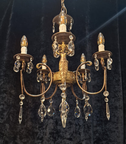 Unique Elegant Vintage Italian 5 Arm Brass and Crystal Mermaid Chandelier Light