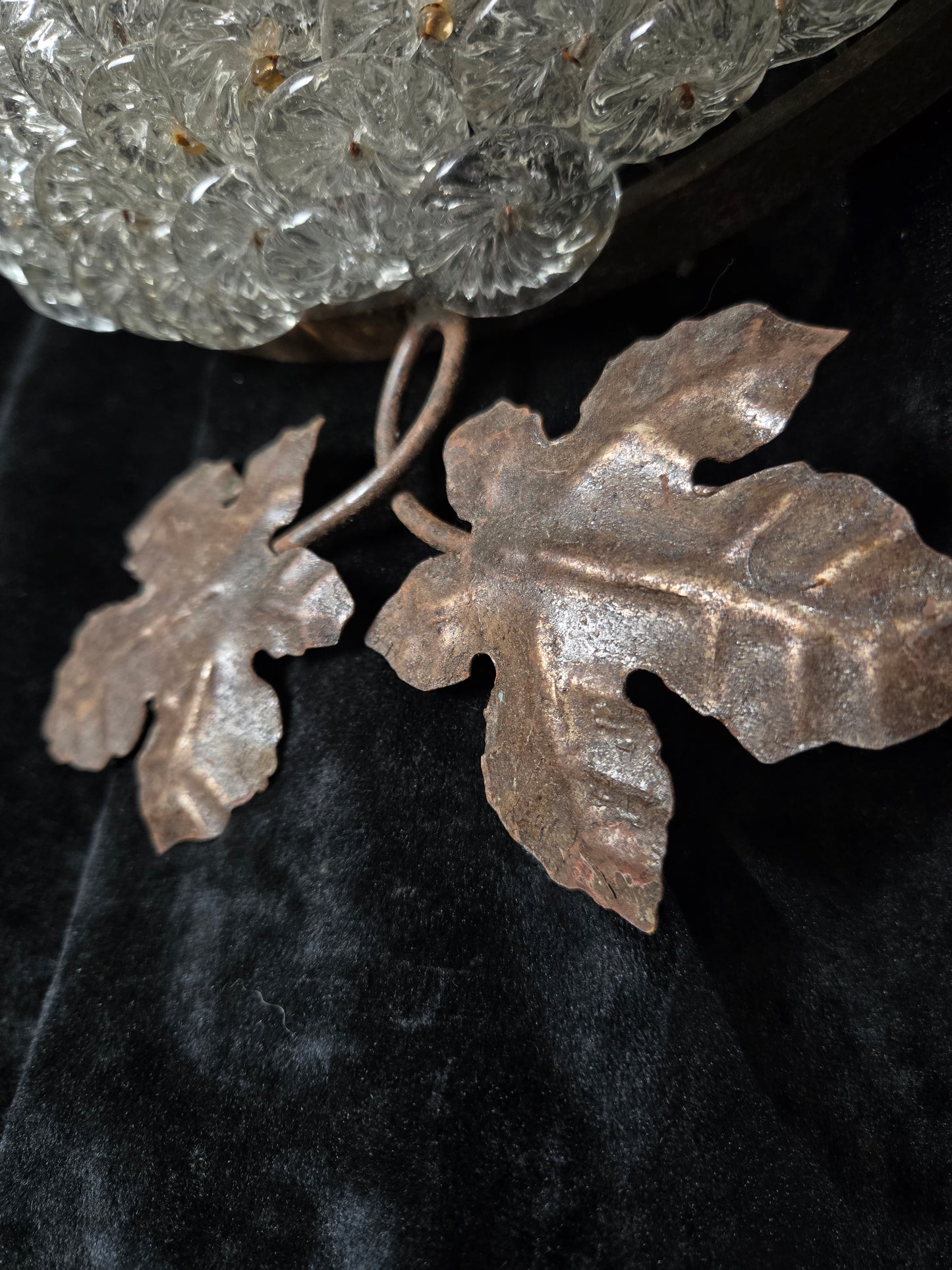 Fabulous Pair Vintage French Iron Murano Glass Basket Leaf Wall Lights Sconces