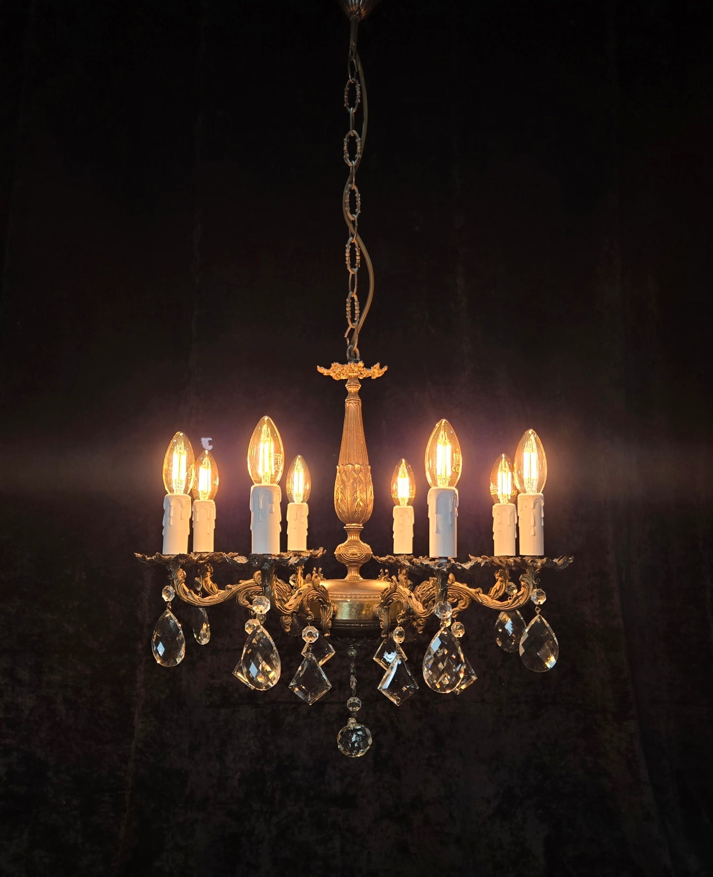 Fabulous Vintage Italian 8 Arm Brass Flower Crystal Chandelier Ceiling Light