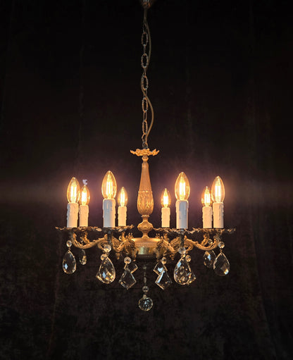Fabulous Vintage Italian 8 Arm Brass Flower Crystal Chandelier Ceiling Light